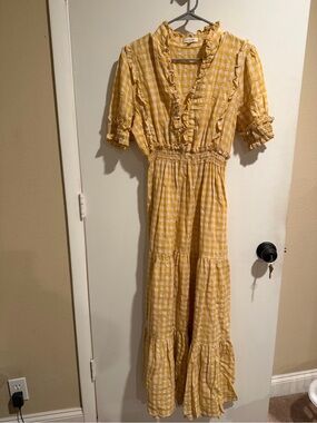 knee length dresses for ladies Max Studio Flowy Ruffle Collar Tiered Yellow Floral Maxi Dress